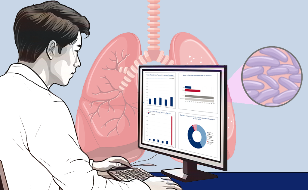 Illustration of a person working at a computer displaying data charts, with an image of lungs in the background and a magnified view of tuberculosis bacteria (Mycobacterium tuberculosis) on the side.