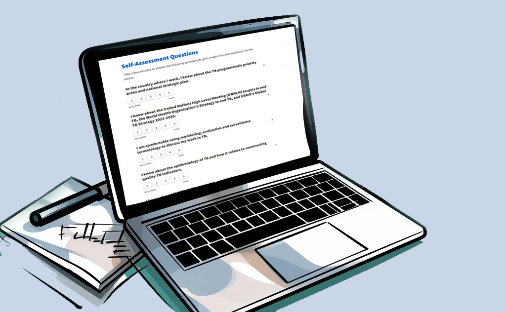 Illustration of a computer screen showing the survey, paper and pen next to it.