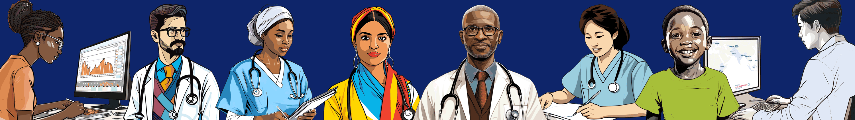 illustration of health care workers and data analyists from around the world